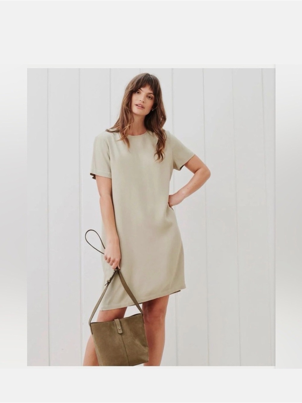 Classic Short Sleeve Shift Dress in Light Beige